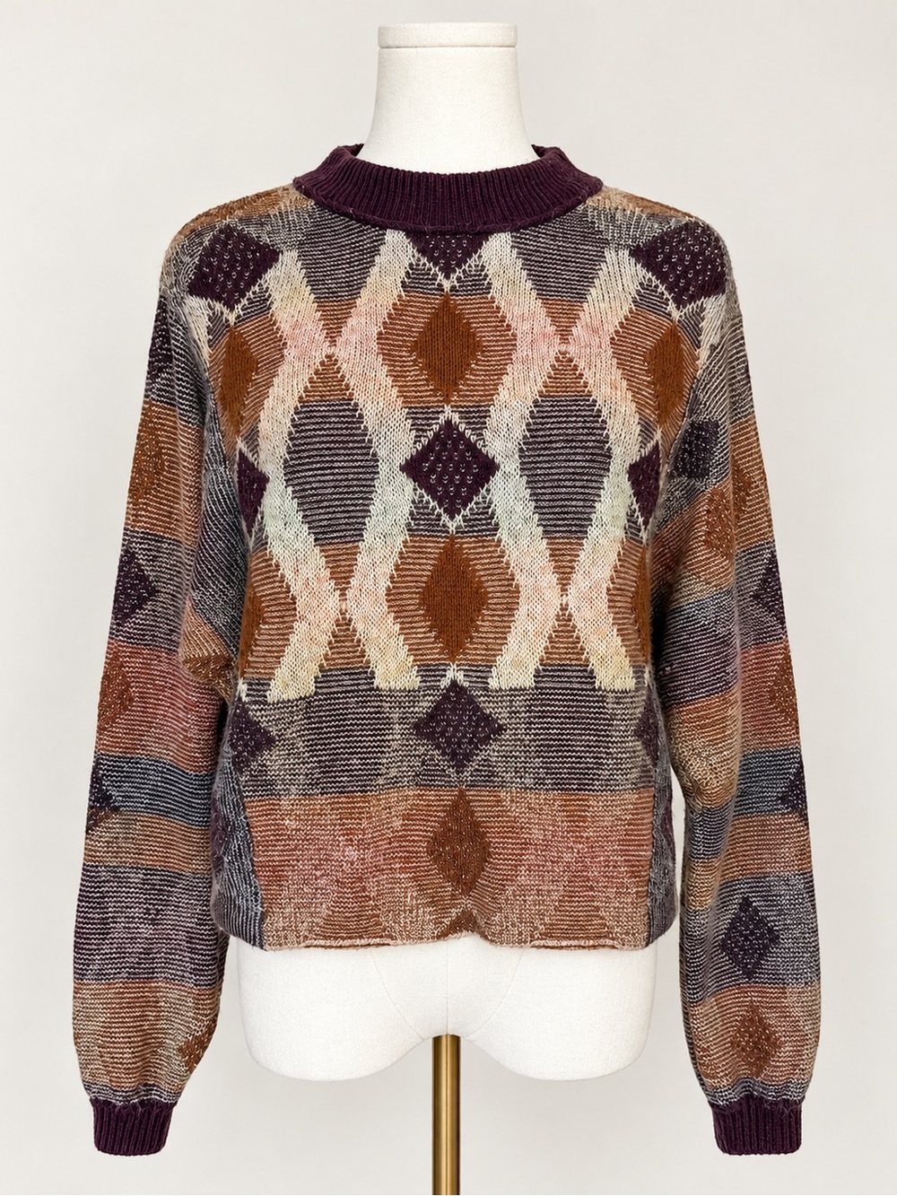Free People Argyle Mohair Wool Blend Pullover Sweater Brown Purple Small